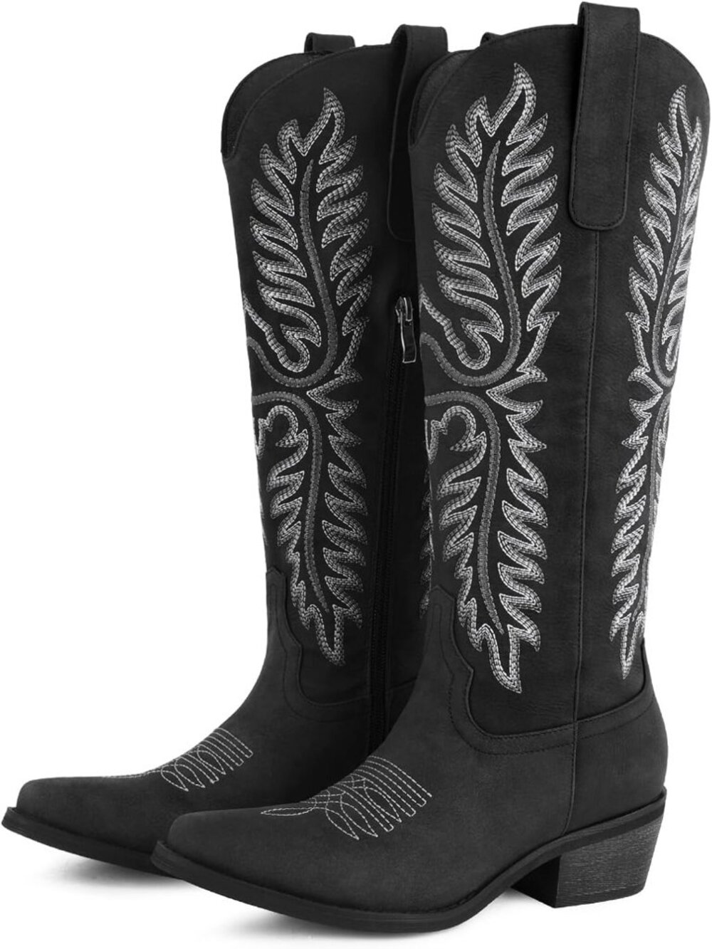 Women's Western Chunky Heel Knee High Pointed Toe Boot Vintage Embroidered Black